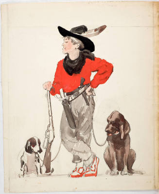 Boy Dressed as Cowboy with Rifle and Two Dogs