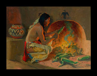 Firelight, Indian with Corn before Fireplace