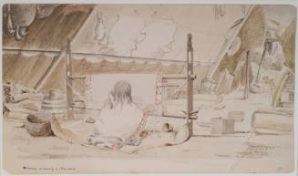 Interior of a Lodge with Indian Woman Weaving a Blanket