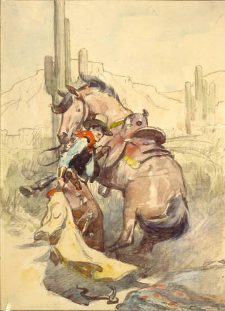 Cowboy Shielding Himself and Horse with Overcoat from Snake