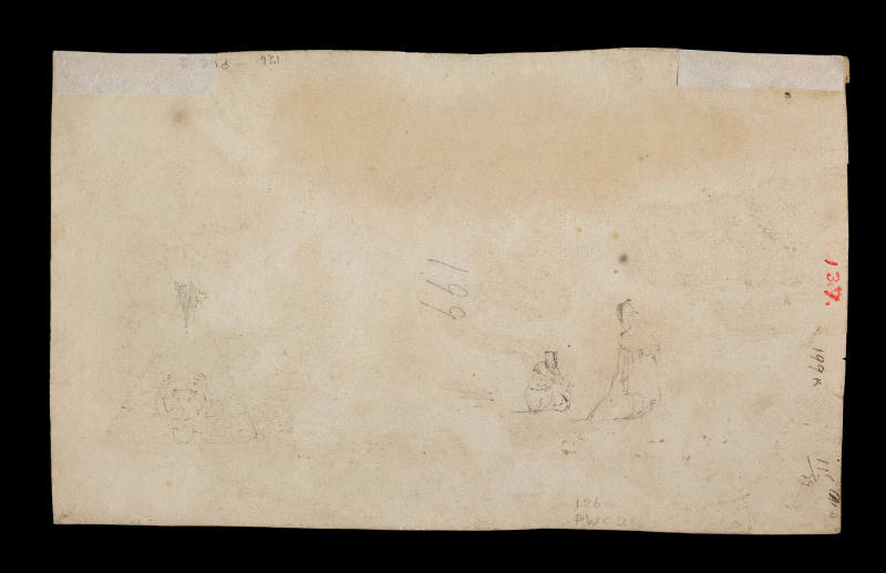 Sketch of wigwam with bear design and seated man with hat and standing male