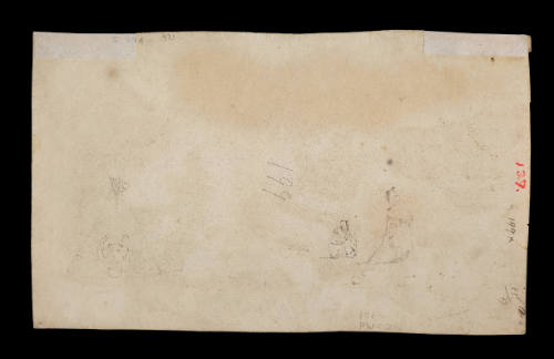 Sketch of wigwam with bear design and seated man with hat and standing male