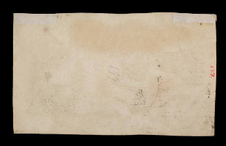Sketch of wigwam with bear design and seated man with hat and standing male