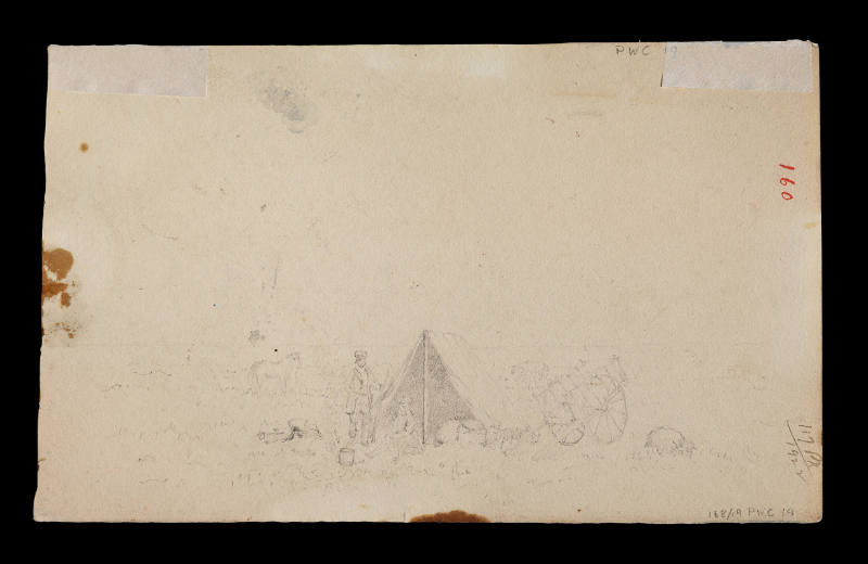 Sketch of people, tent and Red River cart