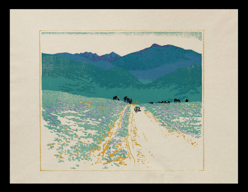 Bound for Taos, Black, Blue, Purple, Green and Ochre Proof