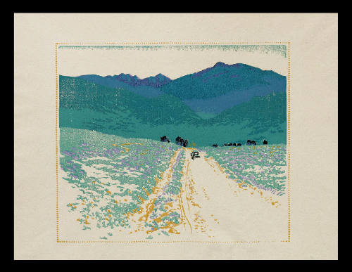 Bound for Taos, Black, Blue, Purple, Green and Ochre Proof