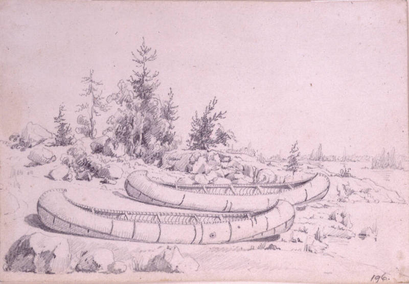 Two Canoes on a Rocky Shoreline
