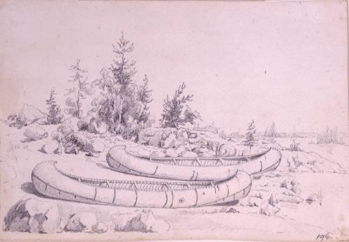 Two Canoes on a Rocky Shoreline